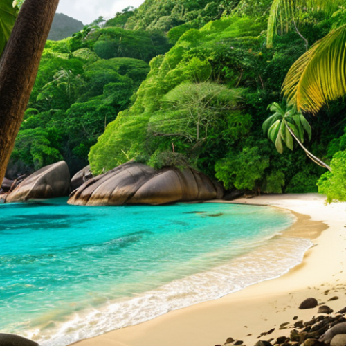 Home 15 **
A serene, half-hidden cove on Mahé, Seychelles. Turquoise water gently laps at the shore of a small beach, accessible only by a jungle path. Lush, tropical vegetation surrounds the cove. Golden light suggests a late afternoon sun. No people are visible to emphasize the secluded feel.
**