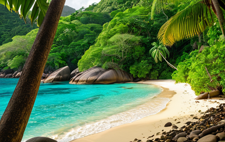 **
A serene, half-hidden cove on Mahé, Seychelles. Turquoise water gently laps at the shore of a small beach, accessible only by a jungle path. Lush, tropical vegetation surrounds the cove. Golden light suggests a late afternoon sun. No people are visible to emphasize the secluded feel.
**
