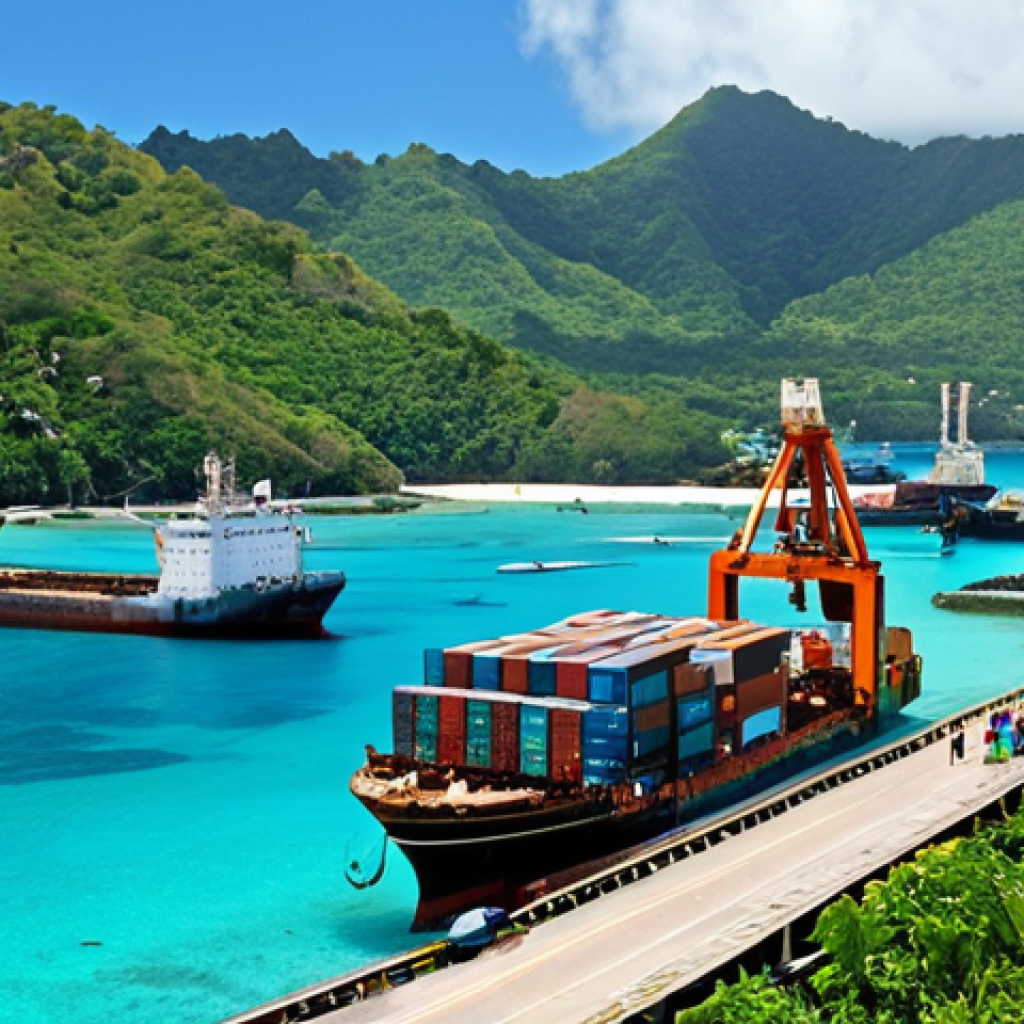 ** A bustling scene at Port Victoria, Seychelles. Modern container ships are being unloaded by cranes while smaller fishing boats are nearby. Show a diverse group of people working - dockworkers, sailors, and local fishermen, with the turquoise waters and lush green hills of the Seychelles in the background. Emphasize the contrast between the industrial activity of the port and the natural beauty of the islands.

**