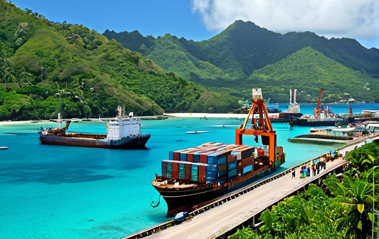 ** A bustling scene at Port Victoria, Seychelles. Modern container ships are being unloaded by cranes while smaller fishing boats are nearby. Show a diverse group of people working - dockworkers, sailors, and local fishermen, with the turquoise waters and lush green hills of the Seychelles in the background. Emphasize the contrast between the industrial activity of the port and the natural beauty of the islands.
**